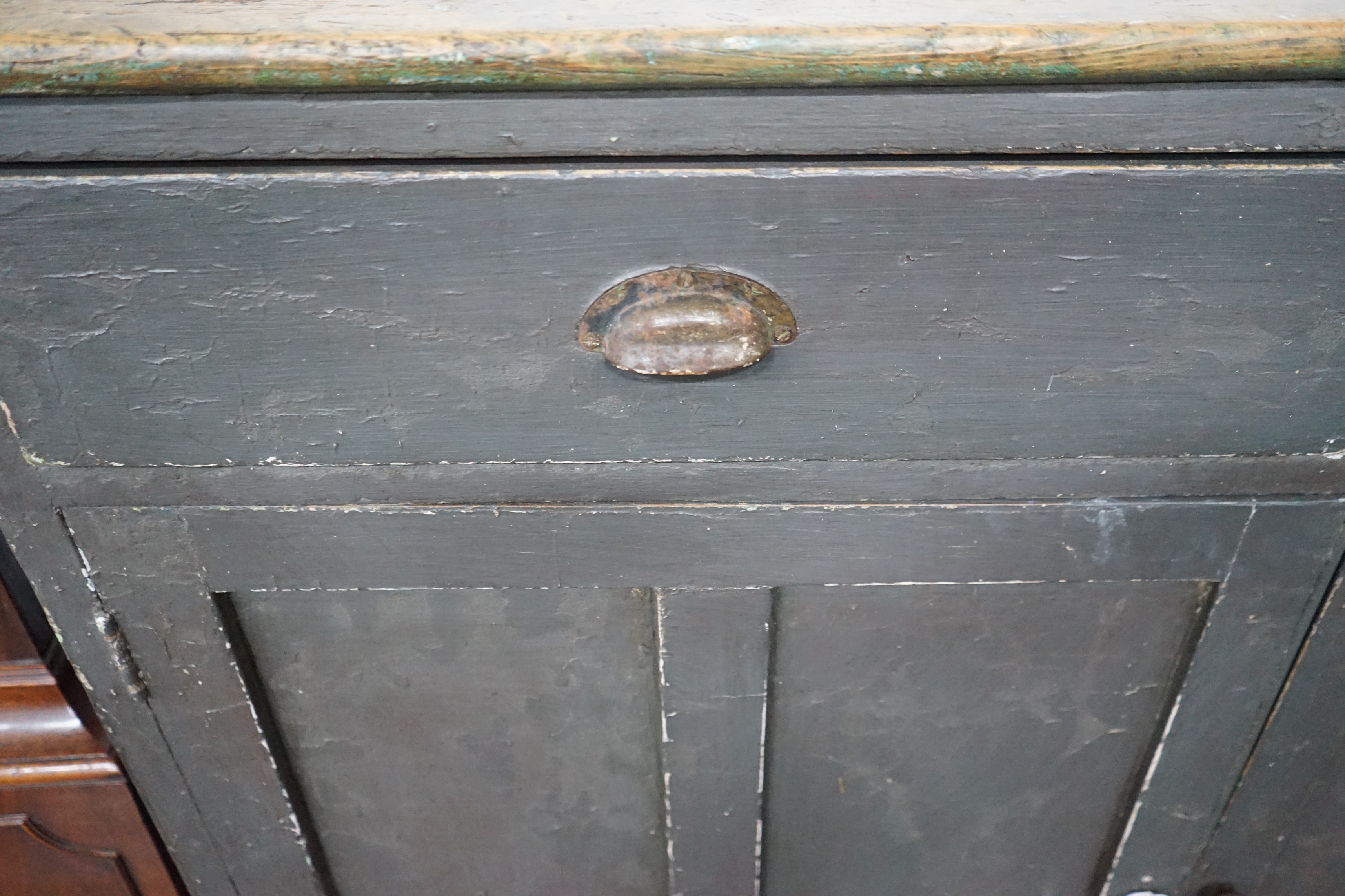 A Victorian painted pine side cabinet, width 140cm, depth 40cm, height 103cm